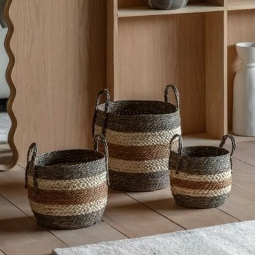 Brown Striped Set of Three Baskets