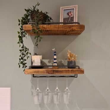 Floating Shelves Set with Glass Hanger and Double Steel Bar