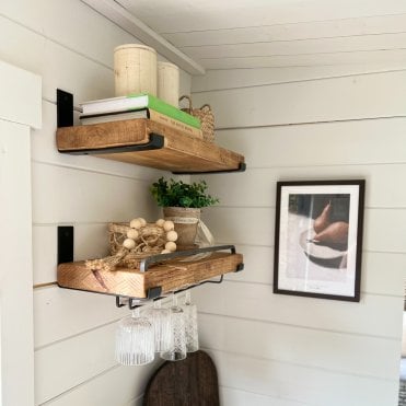 Rustic Shelves Set (J Brackets) with Steel Bar & Glass Hanger