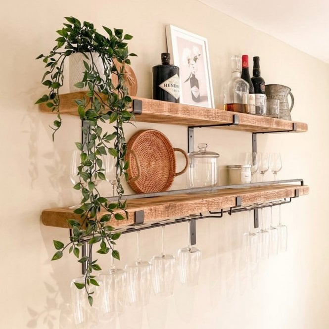 Rustic Shelves Set with Glass Hangers & Steel Bar