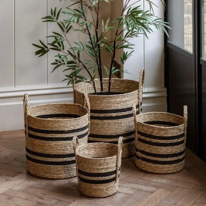 Set of Four Black Stripe Storage Baskets